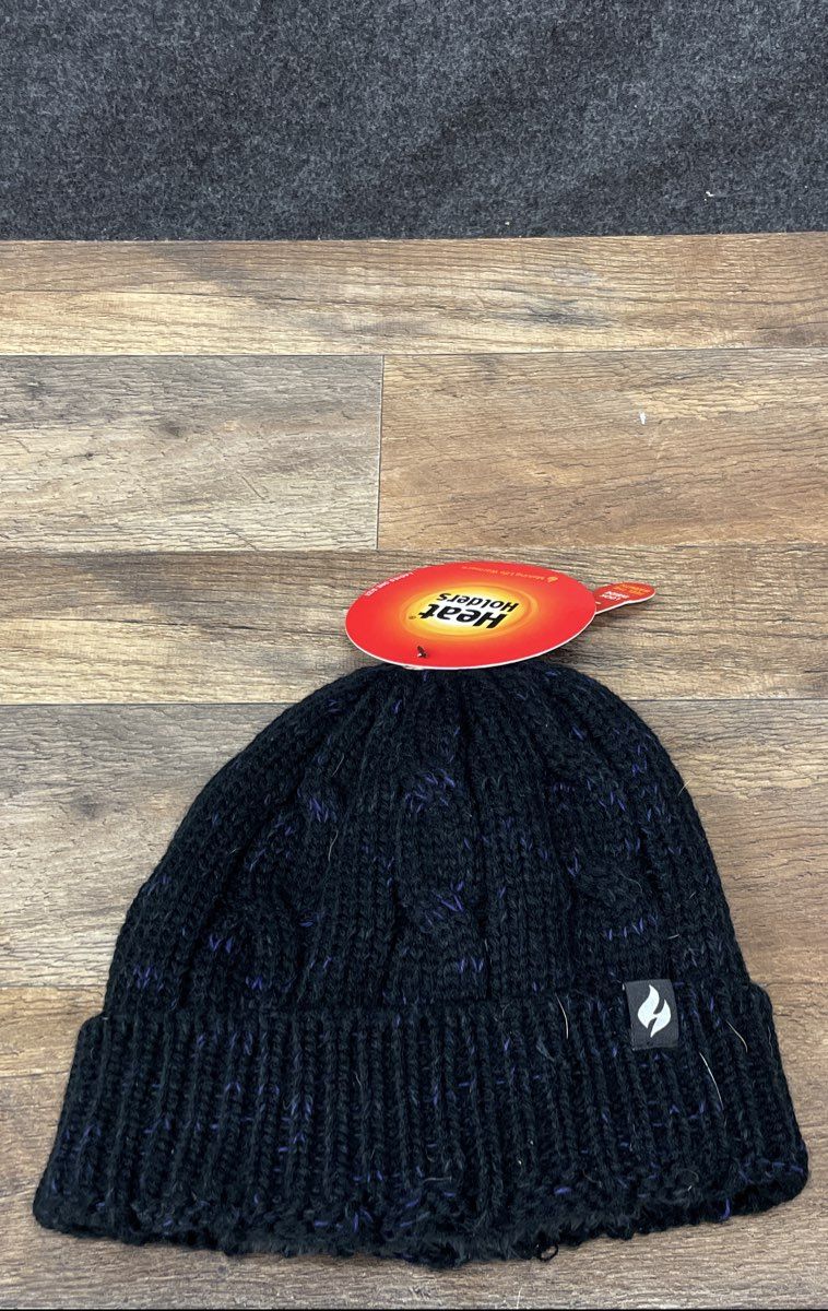 Heat Holders Women's Beanie Hat Black Purple Speckle Thermal Cable Knit NWT OS