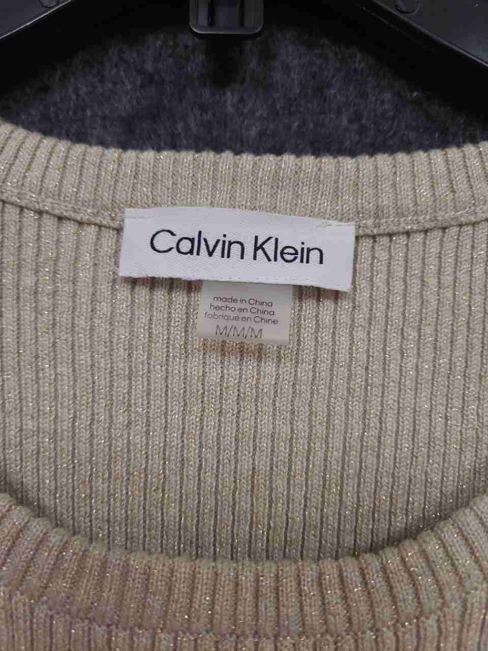 Calvin Klein Women's Beige Gold Ribbed Metallic Logo Tape Midi Dress Sz M