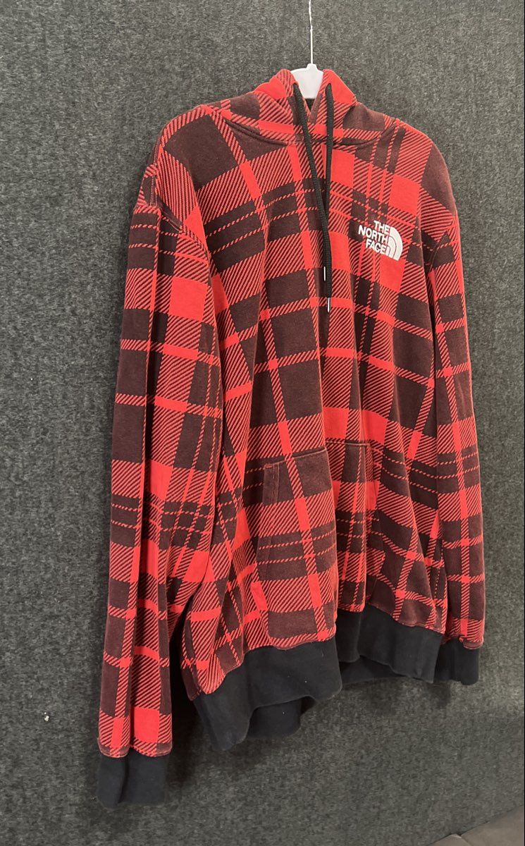 The North Face Unisex Red Black Plaid Fleece Pullover Hoodie Size L
