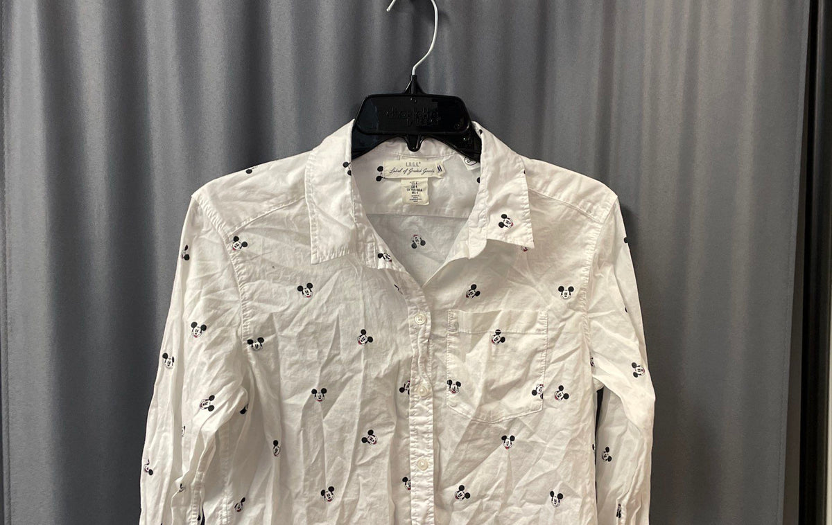 H&M L.O.G.G. Women's Mickey Mouse Pattern Button Down Shirt White Sz 4