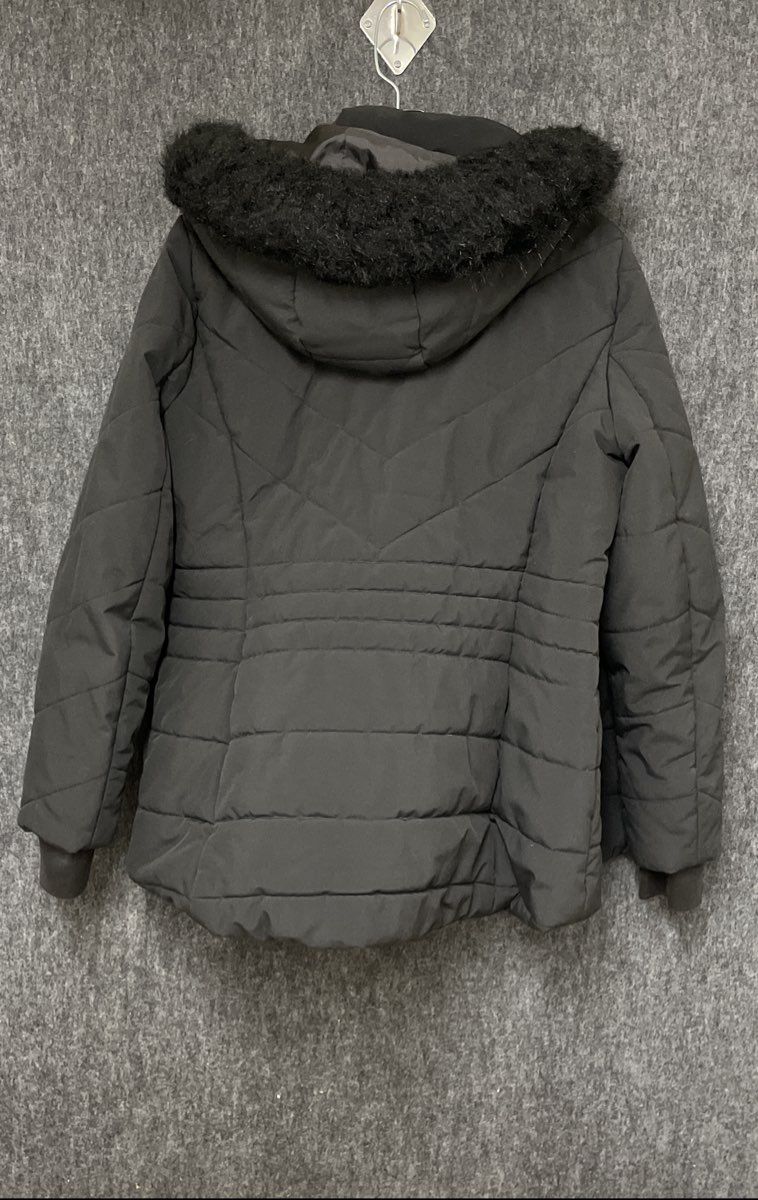 London Fog Women's Black Quilted Puffer Coat Faux Fur Trim Hooded Jacket Sz L