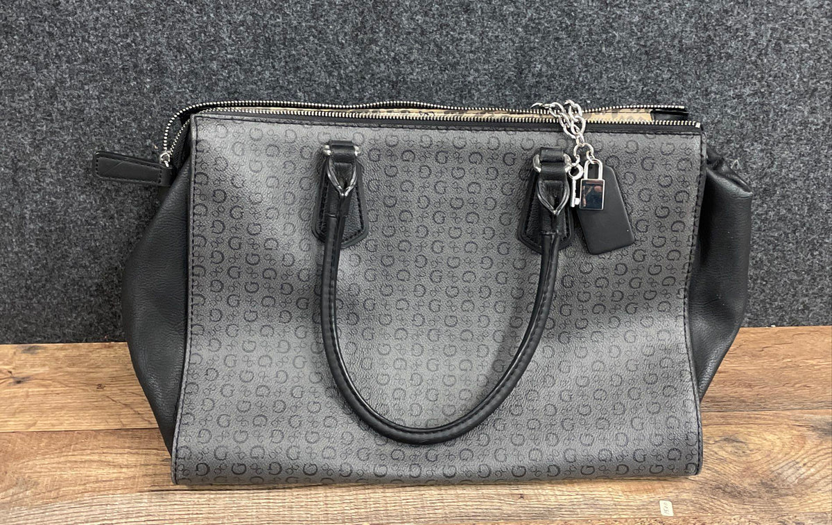 Guess Grey Black Monogram Logo Satchel Handbag Silver Hardware