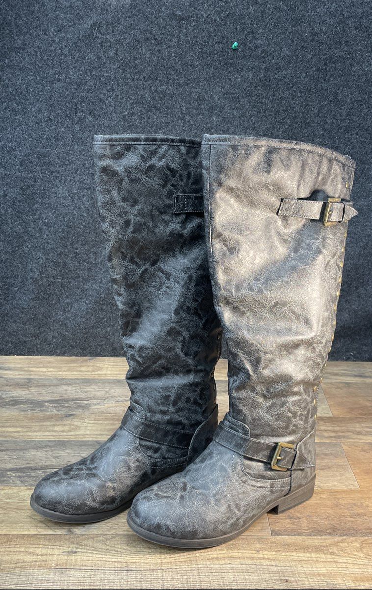 Journee Collection Gray Faux Leather Knee High Studded Back Zipper Boots 9.5