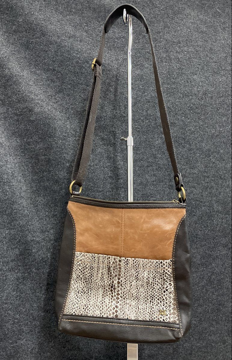 The Sak Brown Leather Snakeskin Print Crossbody Bag Brass Hardware