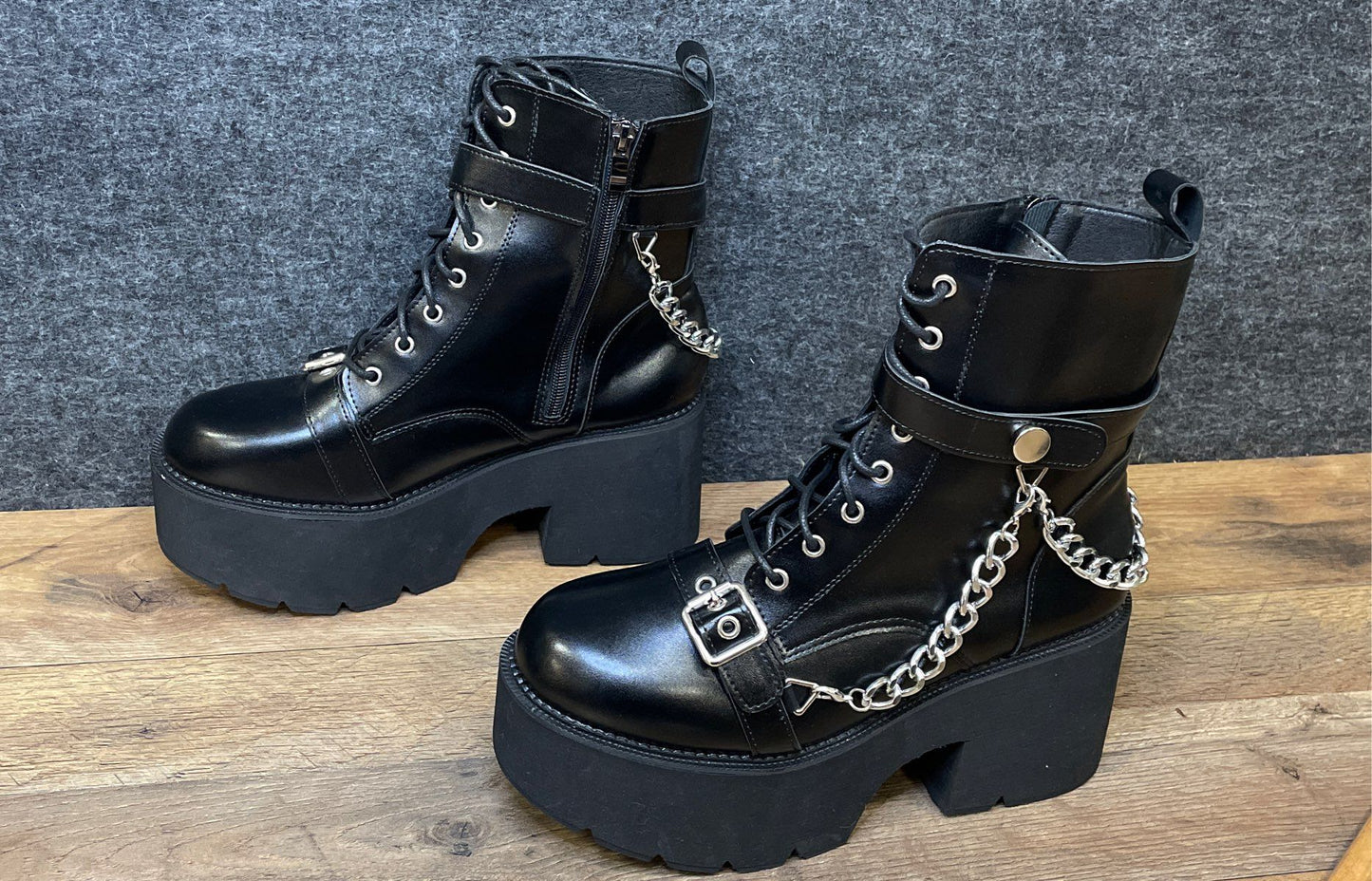Black Platform Combat Boots Kids Girls Youth Chain Buckle Goth Punk Size Kids