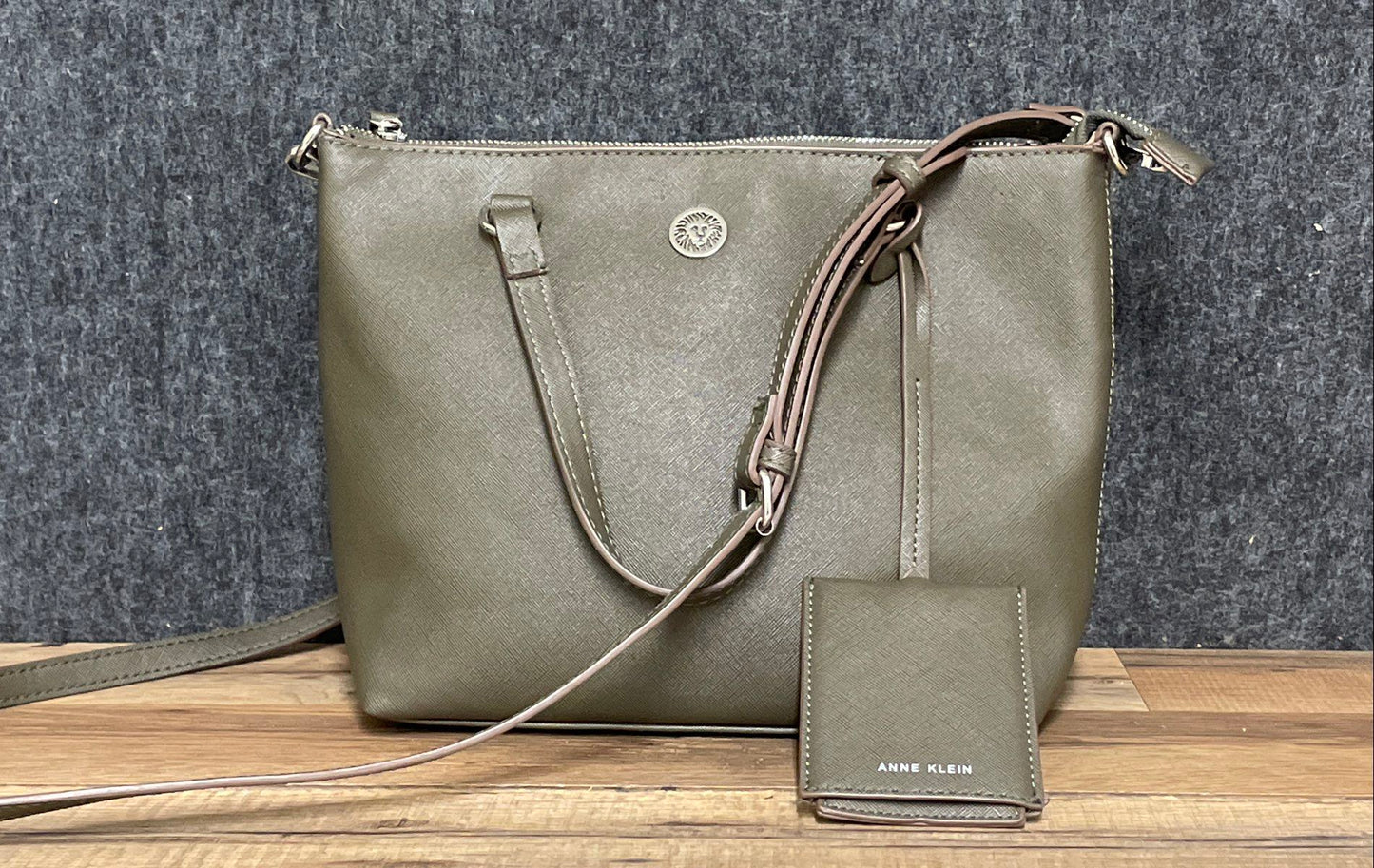 Anne Klein Olive Green Saffiano Textured Tote Bag Crossbody Silver Hardware