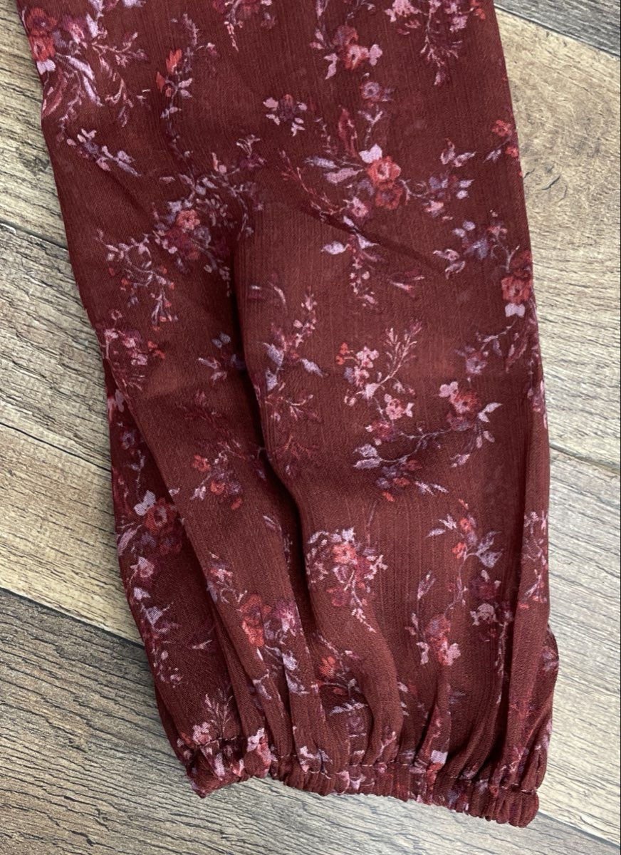 Francesca's Women's Martina Tiered Maxi Dress Burgundy Floral Long Sleeve XS