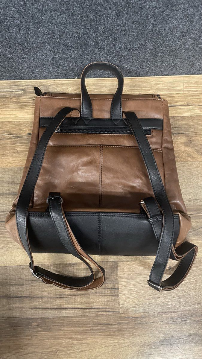 iLi Brown Black Leather Whipstitch Tassel Mini Backpack Bag RFID