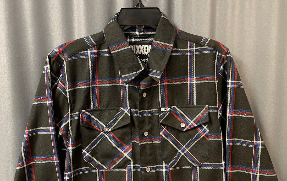 Dixxon Flannel Co Johnny's Saloon Huntington Beach Black Plaid Shirt Sz XS