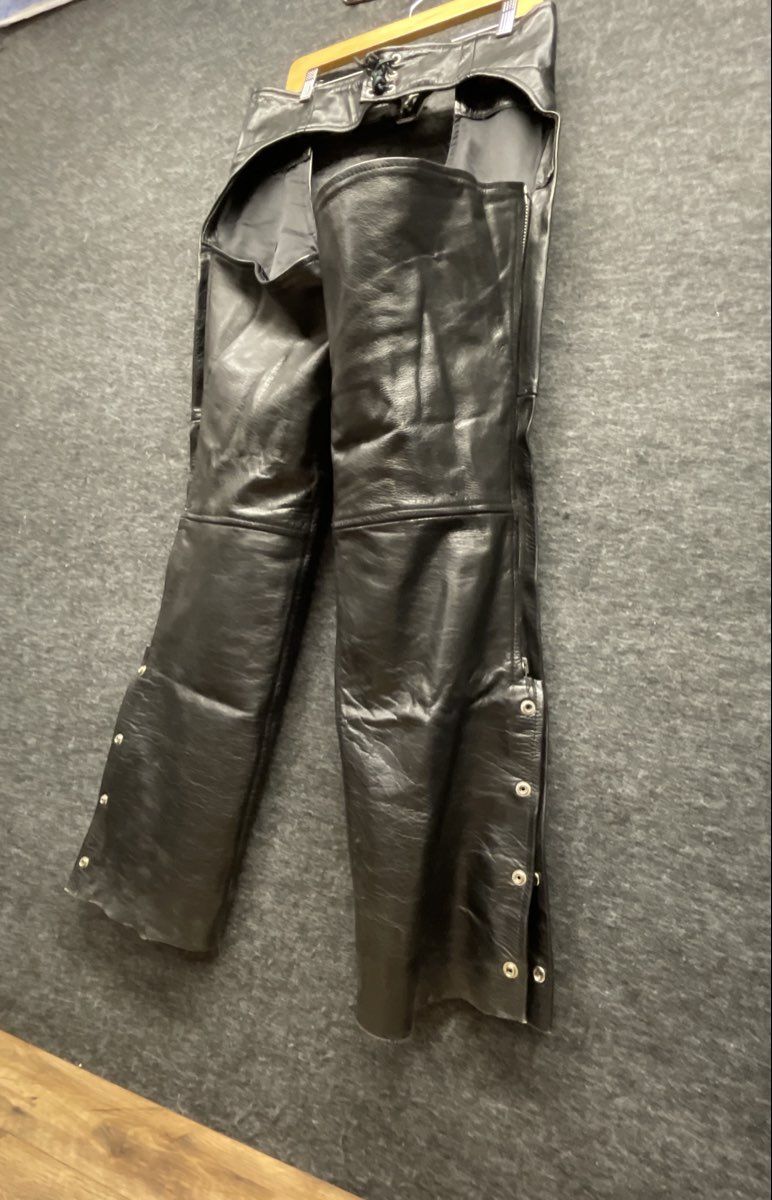 Leather King Men's Black Leather Motorcycle Chaps Belted Zippered Side XL