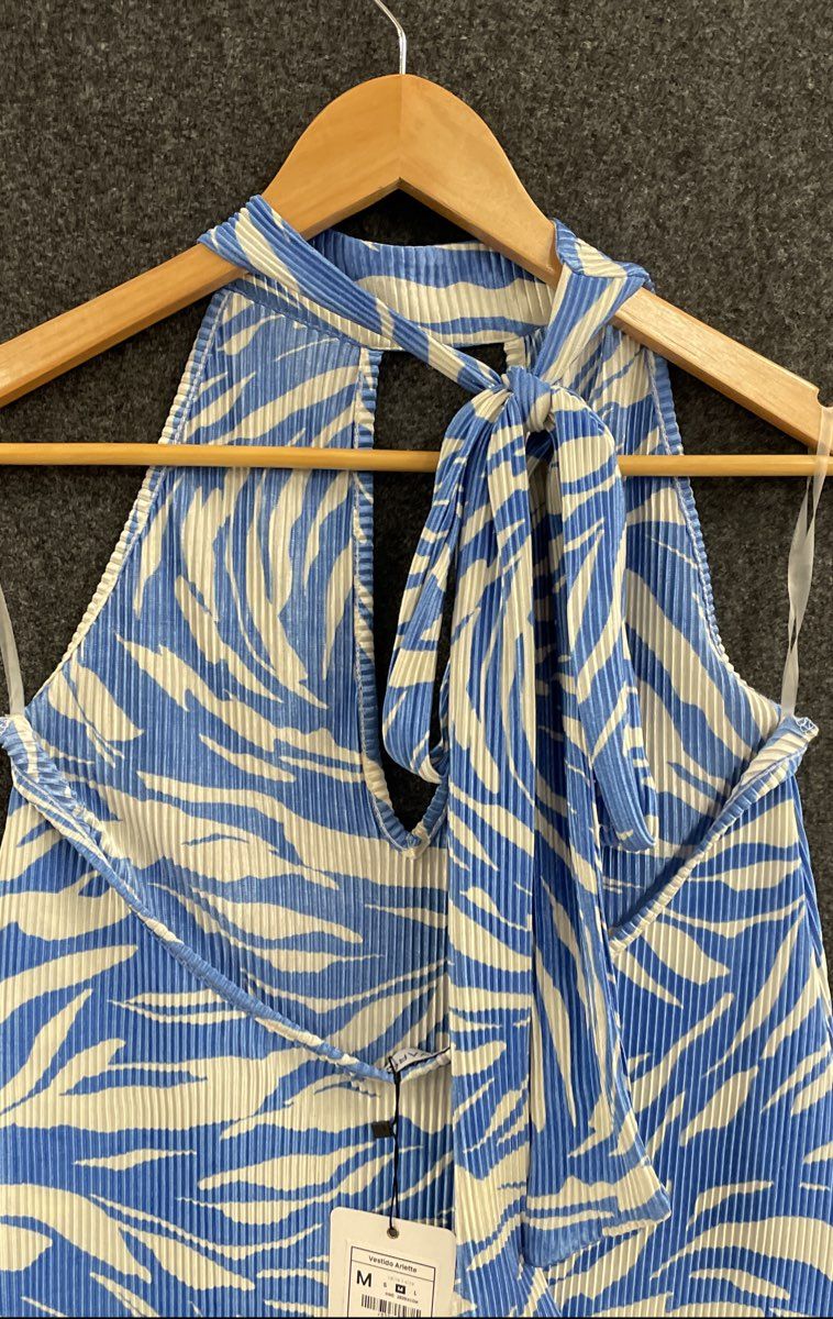 Luvaro Women's Arlette Blue Zebra Print Pleated Halter Maxi Dress NWT Size M