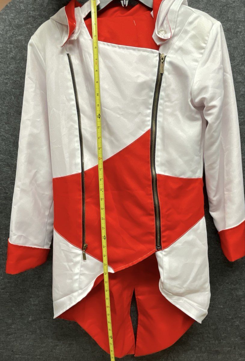 White Red Asymmetrical Zip Hooded Cosplay Tailcoat Jacket Silver Crest Buttons