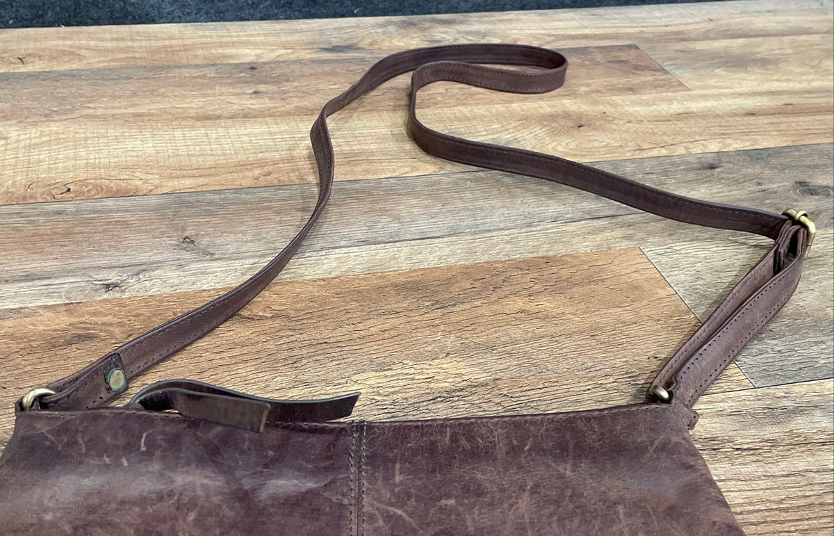 Oak Leathers Brown Distressed Leather Multi-Zip Crossbody Bag Brass Hardware