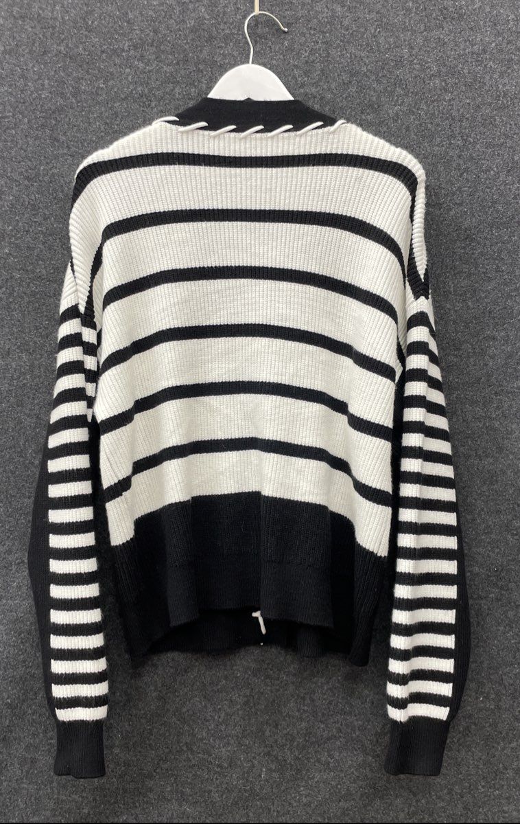 T Tahari Women's Black White Striped Whipstitch Laced Cardigan Sz XL NWT