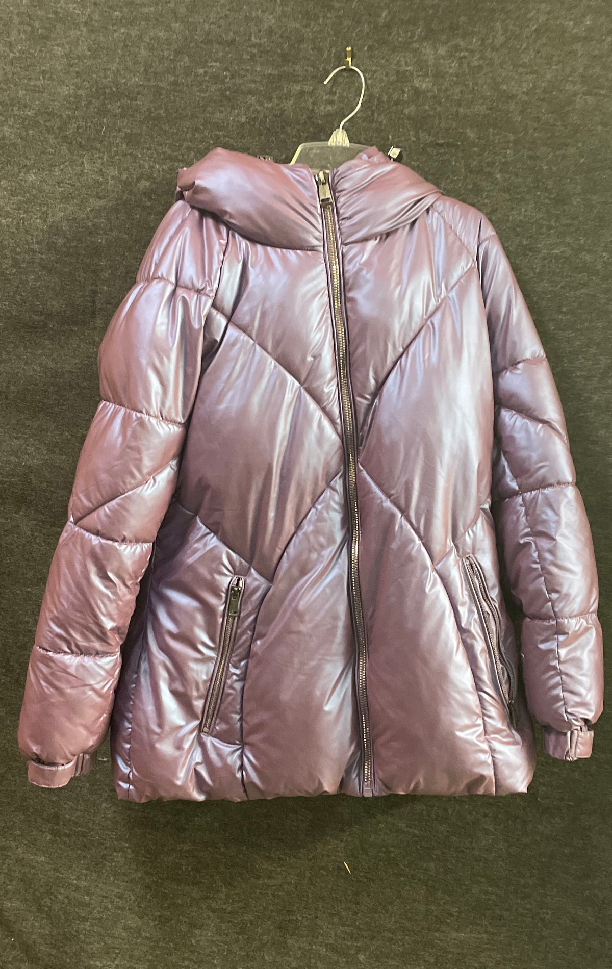 Guess Women's Purple Metallic Quilted Puffer Jacket Hooded Zip Up Sz L