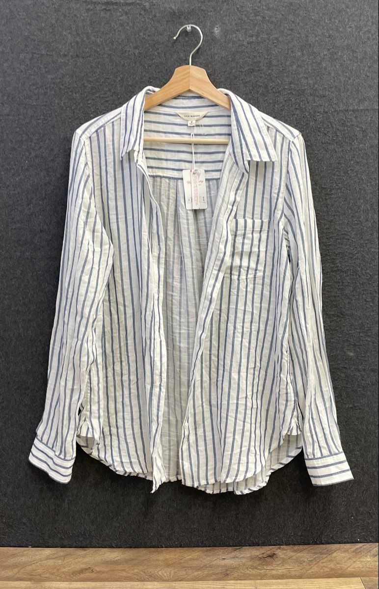 Lucky Brand Women's Blue White Striped Cotton Modal Button Down Shirt NWT Sz M