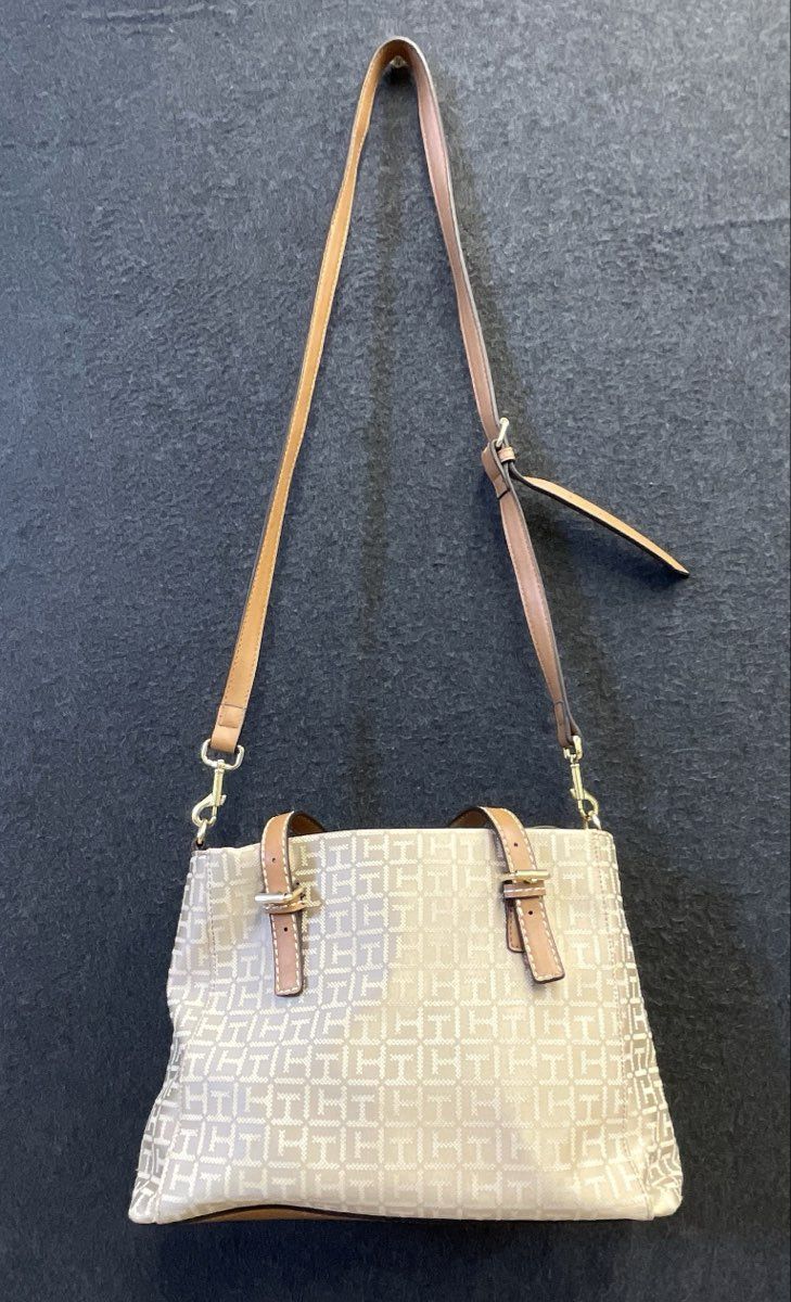 Tommy Hilfiger Tan Monogram Jacquard Crossbody Tote Bag Gold Tone Hardware
