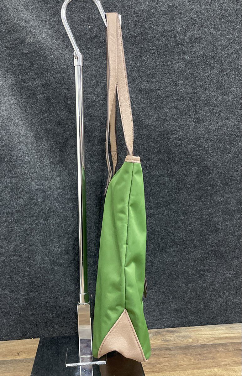 Dana Buchman Green Nylon Tote Bag Tan Faux Leather Trim Shoulder Purse Large