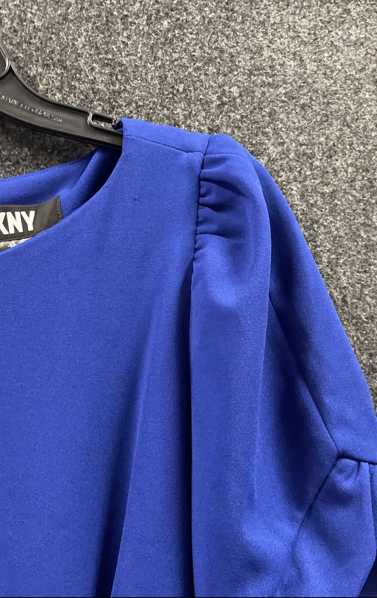 DKNY Women's Blue Twisted Waist Puff Sleeve A-Line Dress Size 12 NWT