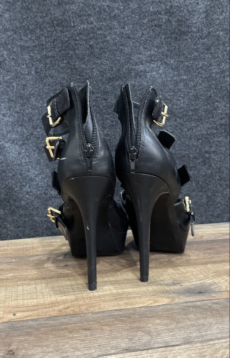 Guess Black Multi Strap Buckle Platform Peep Toe Stiletto Heels Size 10