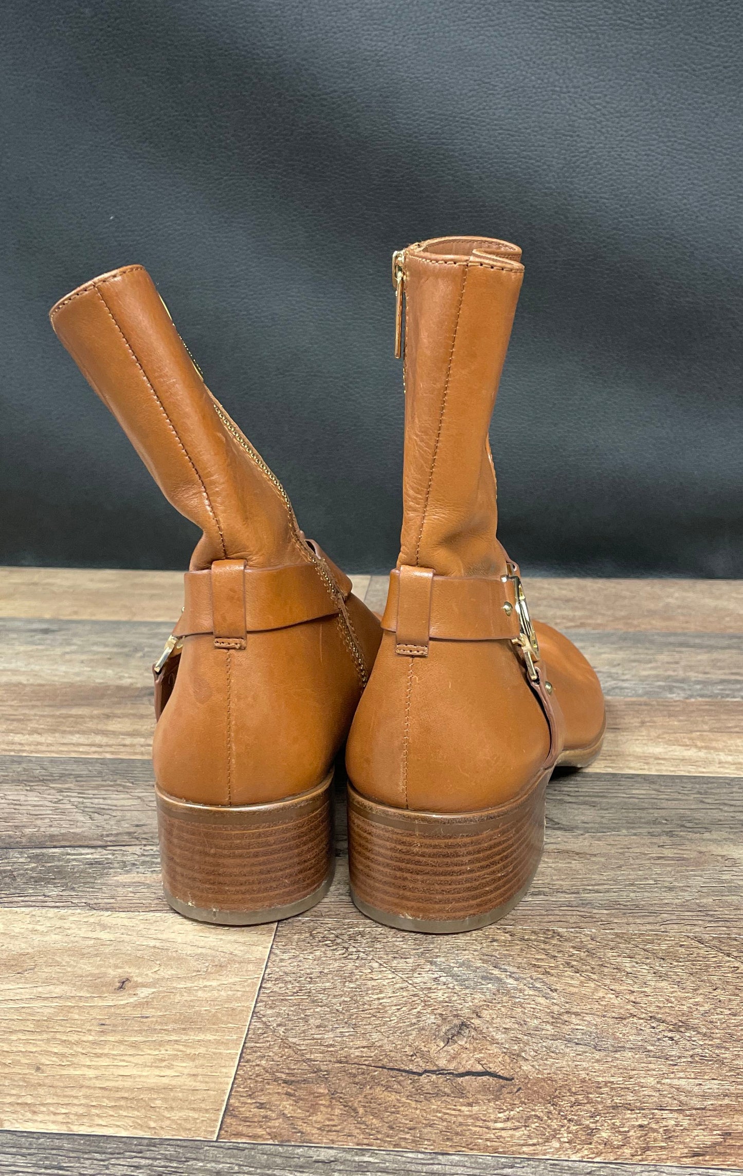 Michael Kors Brown Leather Harness Ankle Boots Gold MK Logo Size 7