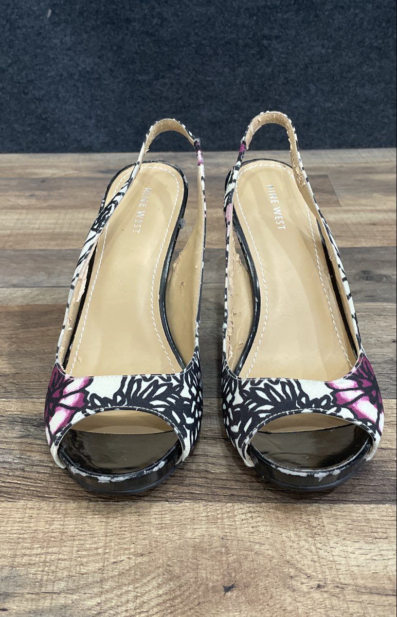 Nine West Lambert White Black Floral Peep Toe Slingback Heels Women's Size 8.5