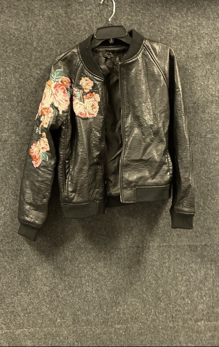 Joe's Women's Black Faux Leather Floral Rose Embroidery Bomber Jacket Sz M
