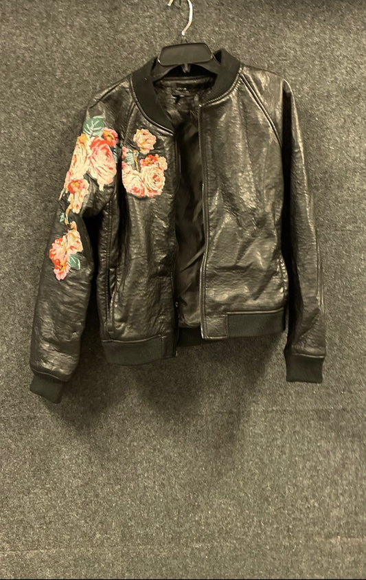 Joe's Women's Black Faux Leather Floral Rose Embroidery Bomber Jacket Sz M