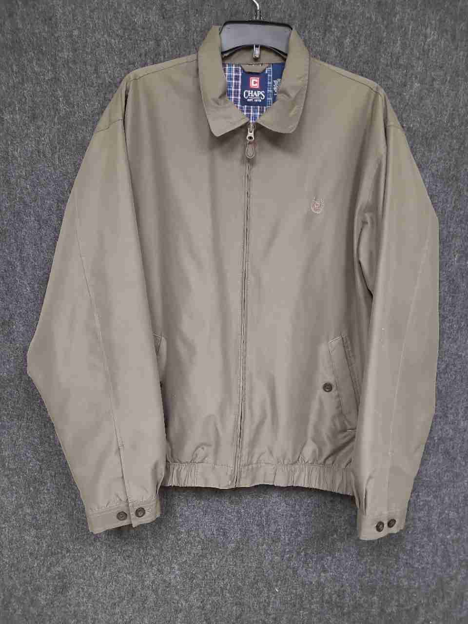 Chaps Men's Full Zip Harrington Jacket Tan Olive Plaid Lined Sz L