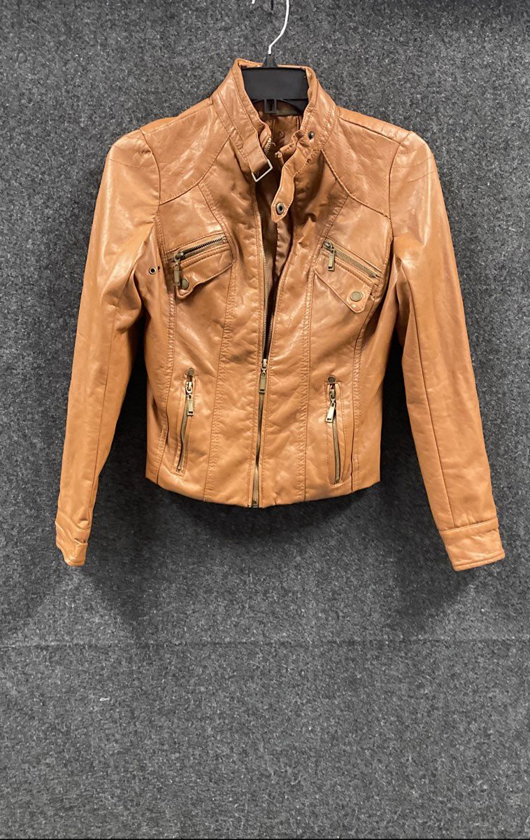 J2 Women's Camel Tan Faux Leather Full Zip Moto Biker Jacket Sz XS