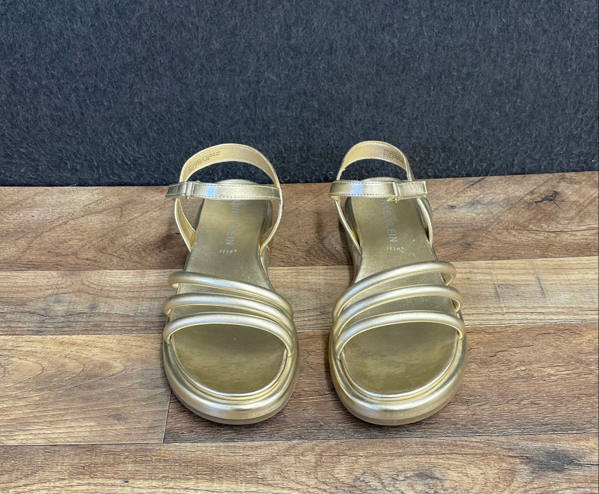Anne Klein Ellen Metallic Gold Strappy iFlex Footbed Flat Sandals Size 8.5M