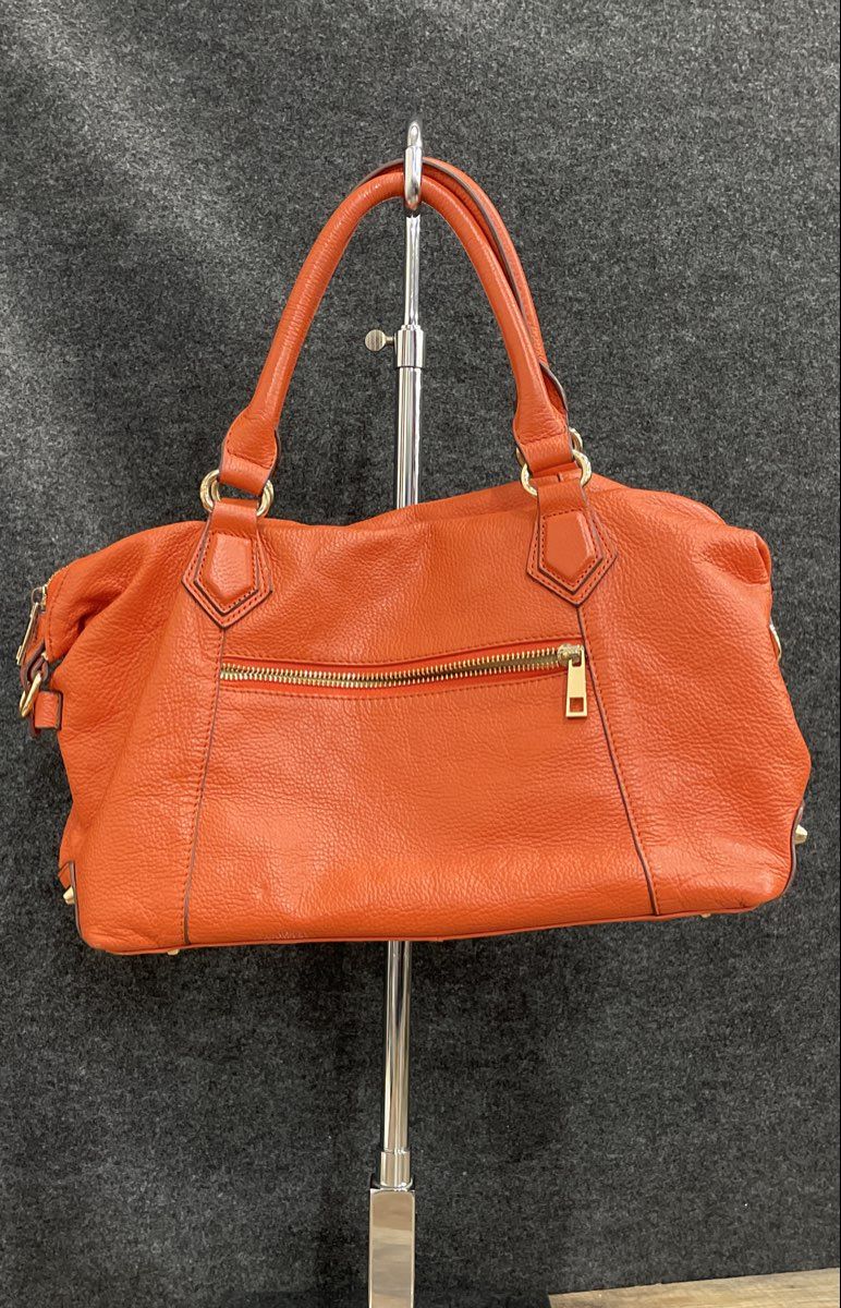 Ora Delphine Orange Pebbled Leather Satchel Handbag Gold Studs