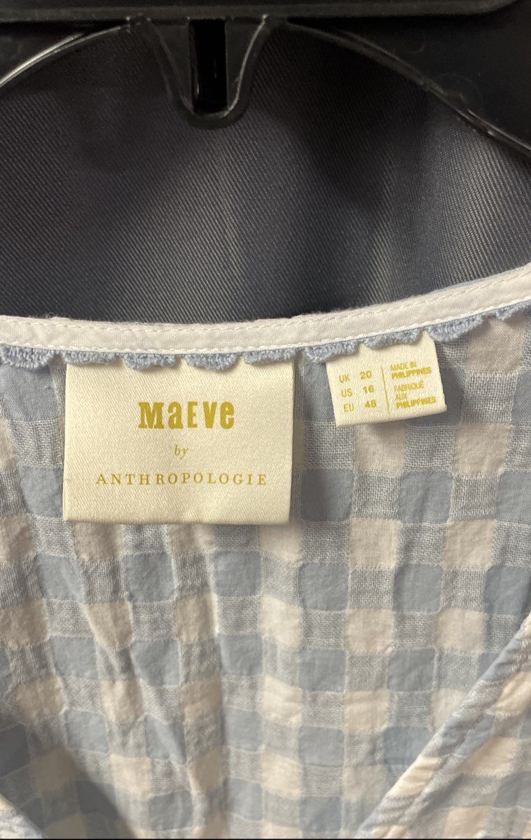 Maeve Anthropologie Women's Blue White Gingham Peplum Tie Back Top Sz 16