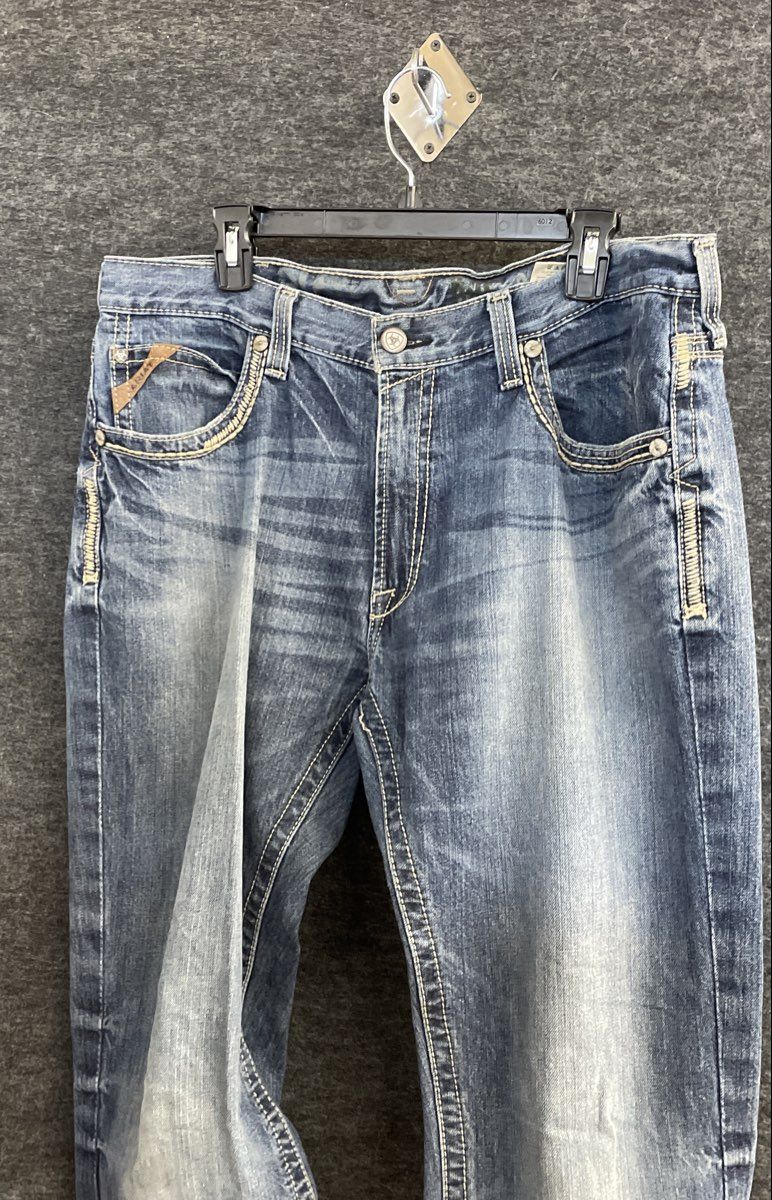 Ariat Men's Blue Denim Jeans Straight Leg Heavy Contrast Stitch Distressed