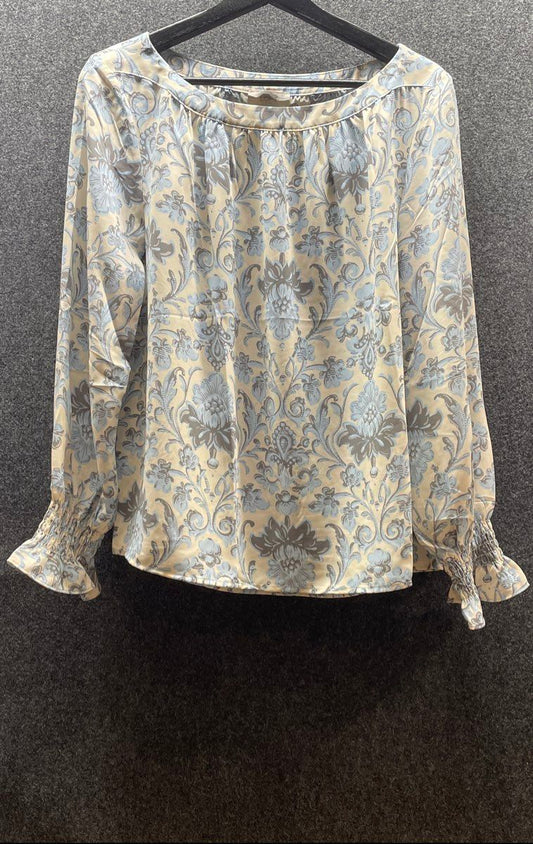 Loft Women's Blue Grey Beige Floral Blouse Smocked Cuffs Sz M NWT