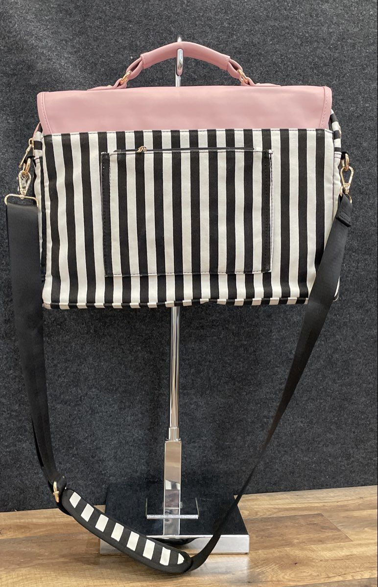 Lovevook Pink Black White Striped Leather Messenger Laptop Bag Crossbody
