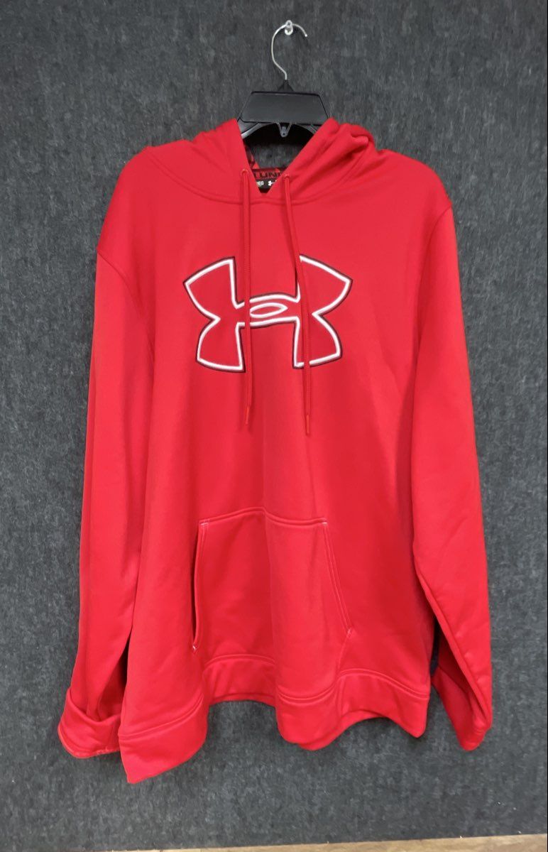 Under Armour Men's Red Big Logo Pullover Hoodie Loose Fit Kangaroo Pocket Sz 2XL
