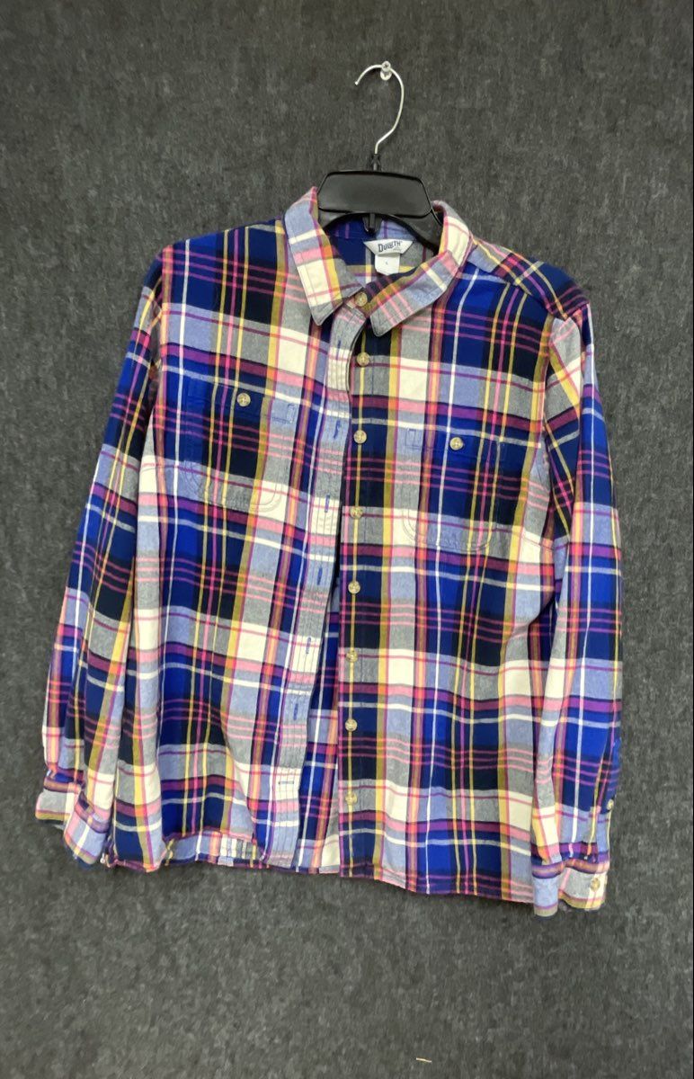 Duluth Trading Co Women's Flannel Shirt Blue Pink Plaid Long Sleeve Sz L