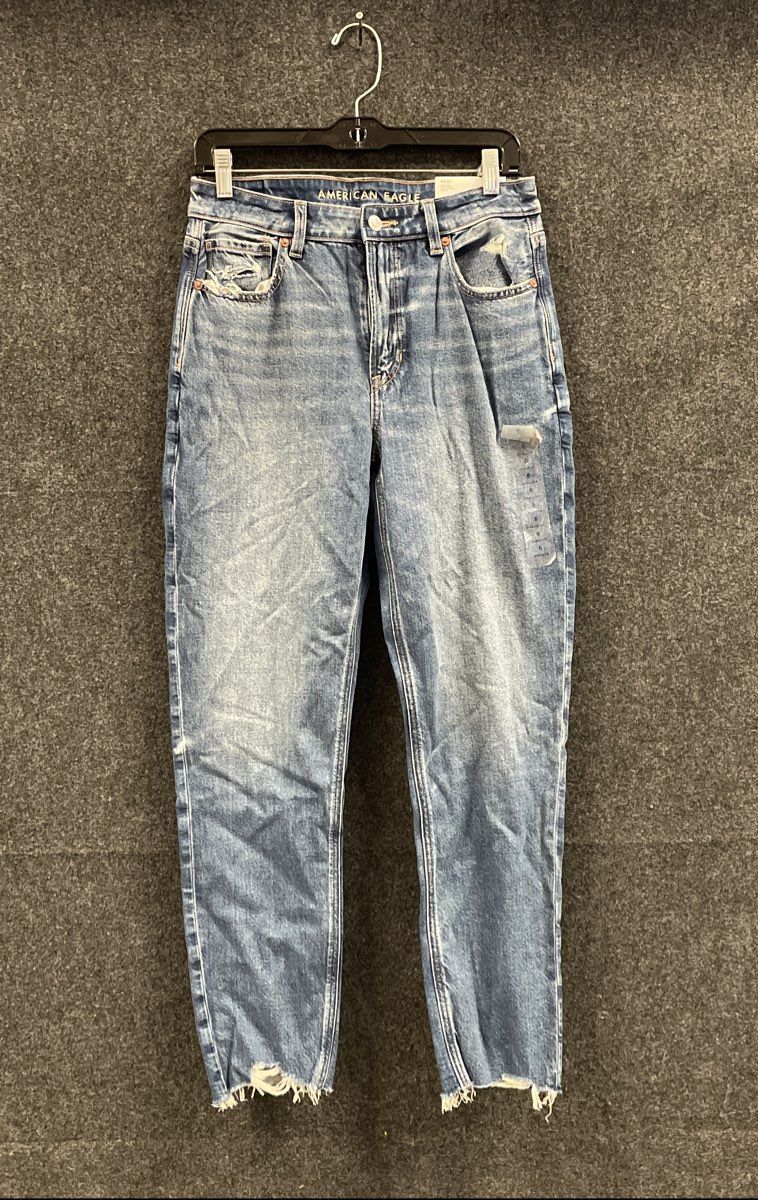 American Eagle Women's Strigid Mom Jeans Deep Sea Blue Distressed Sz 6 Regular