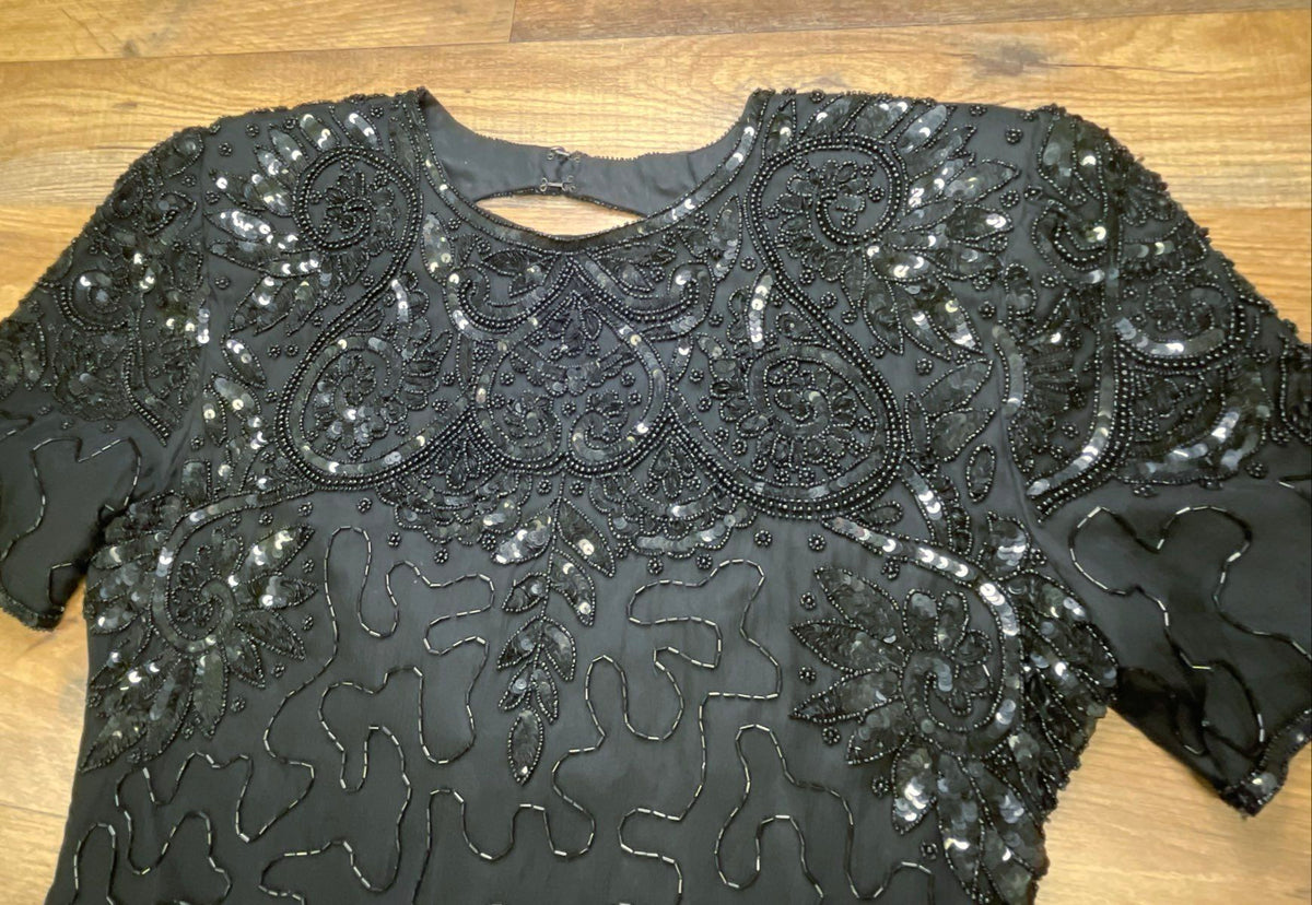Vintage 90s Women's Black Beaded Sequined Cocktail Dress Keyhole Back