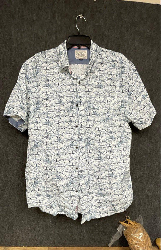 Flag & Anthem Men's Short Sleeve Button Down White Shark Print Shirt Size XL