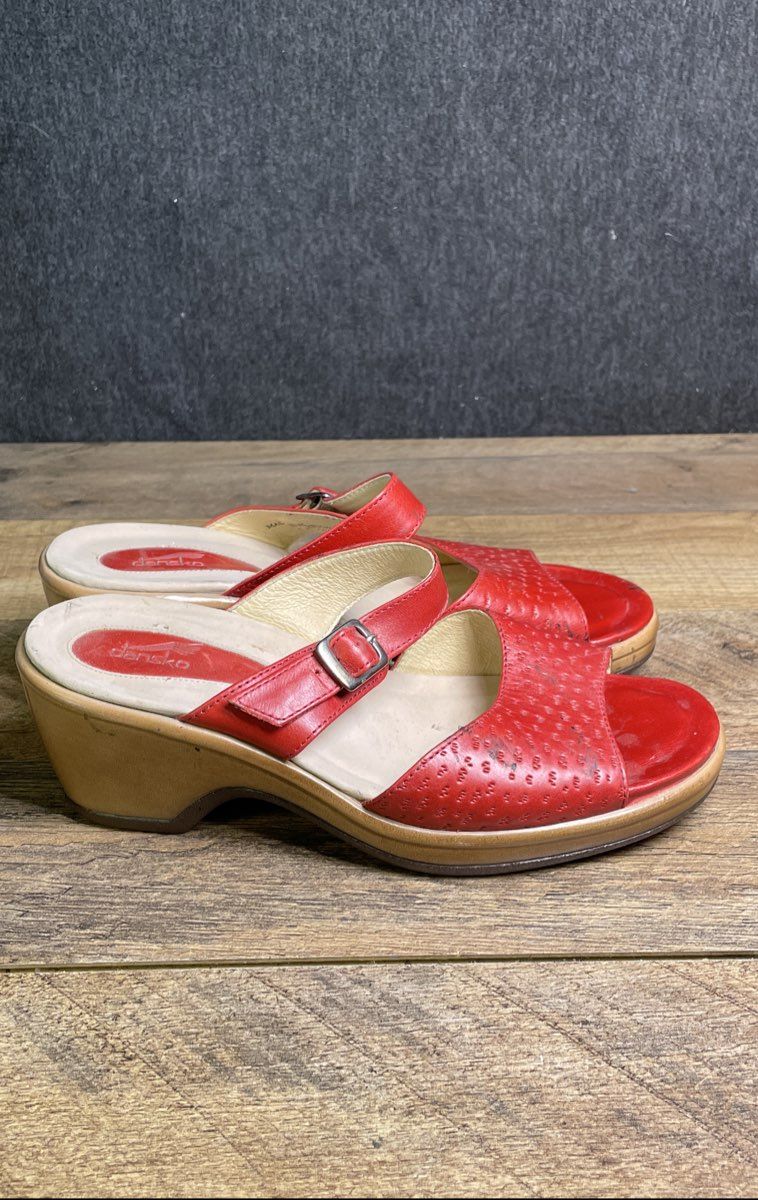 Dansko Women's Red Leather Perforated Wedge Sandals Size 37/6.5-7