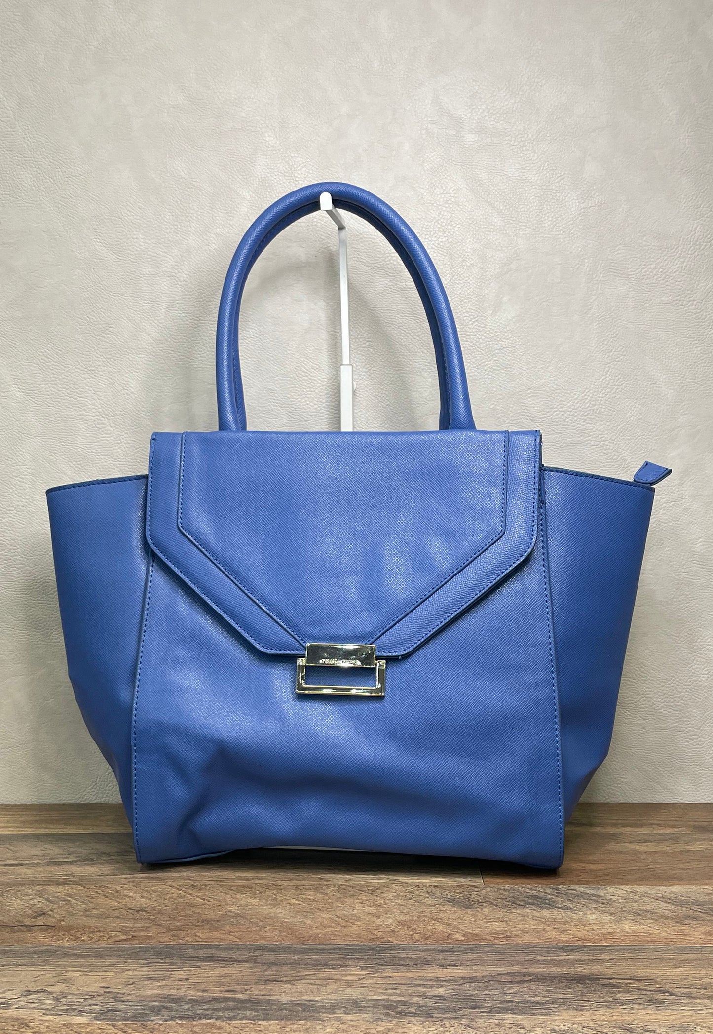Ivanka Trump Blue Saffiano Textured Envelope Satchel Tote Bag Gold Hardware