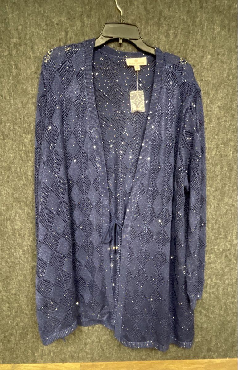 Susan Graver Women's Navy Blue Sequin Open Knit Tie Waist Duster Cardigan Sz XL