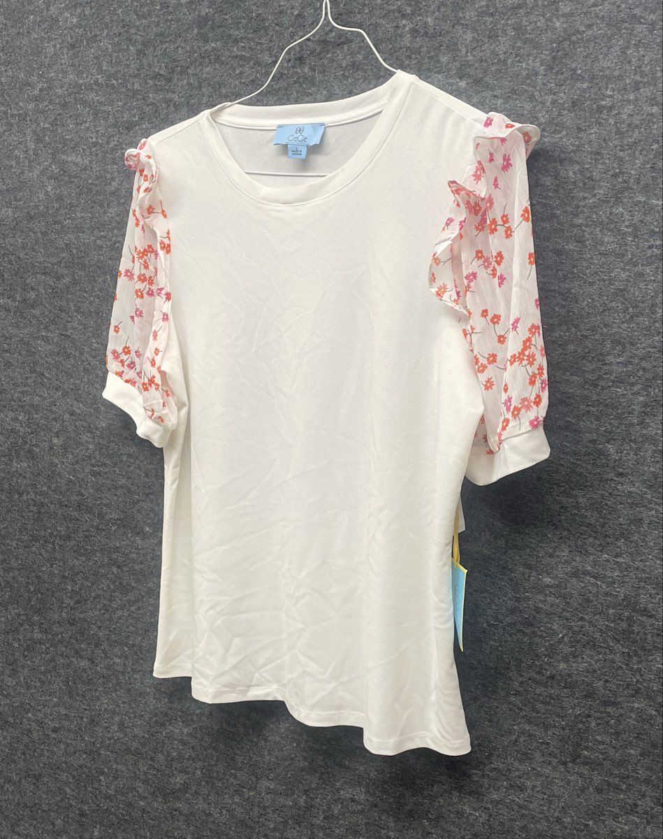 CeCe Women's White Floral Ruffle Sleeve Mixed Media Crew Neck Top Sz L NWT