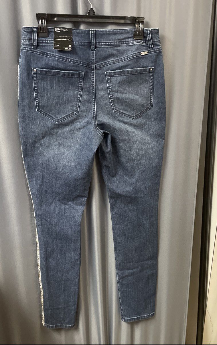 INC Women's Blue Skinny Leg Embellished Side Stripe Mid Rise Jeans Sz 8 NWT