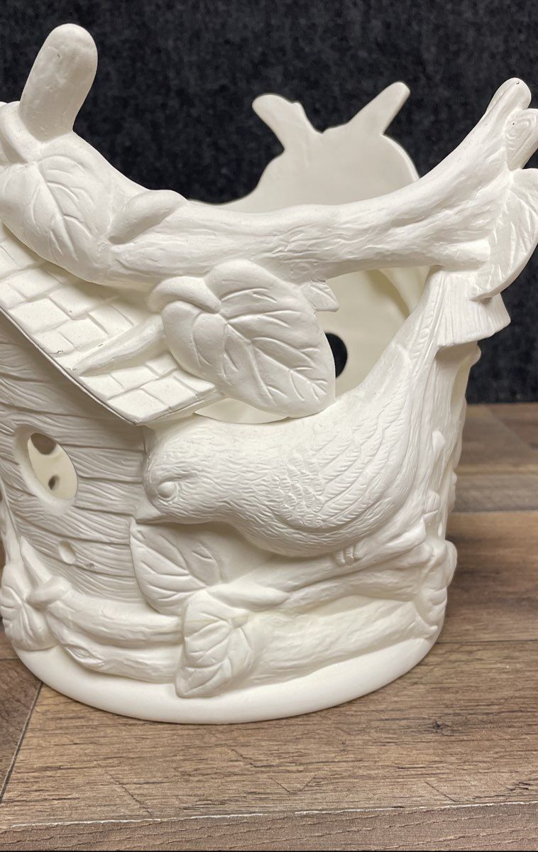 Vintage Bisque Ceramic Votive Candle Holder Birdhouse Birds Branches Openwork