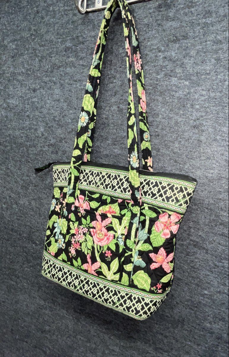 Vera Bradley Petal Pink Floral Black Quilted Cotton Tote Bag Large Zip Top