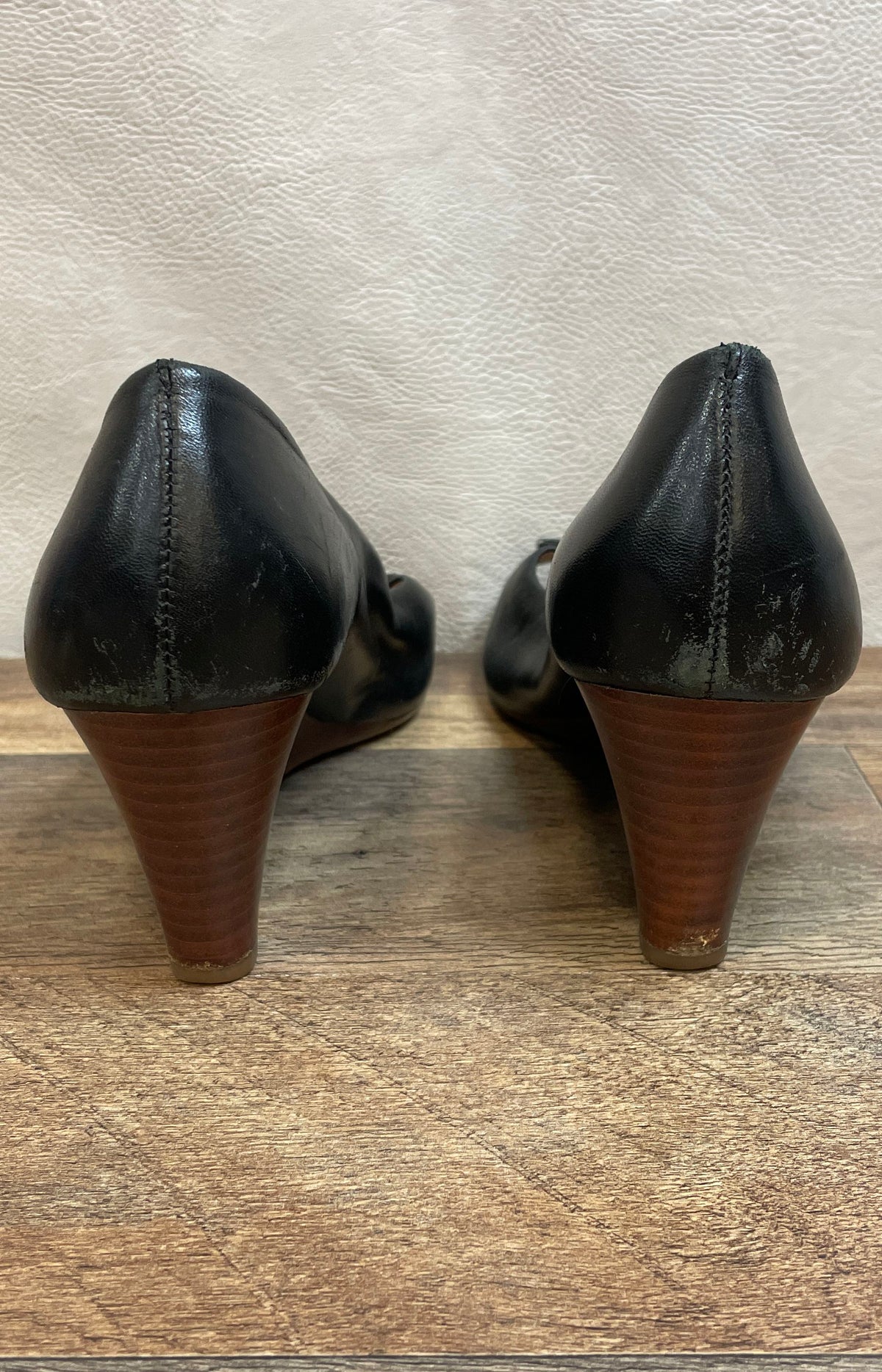 Tory Burch Black Leather Peep Toe Wedge Heels Women's Size 9.5 M