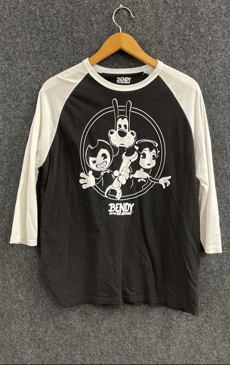Bendy and the Ink Machine Men's Black White Raglan 3/4 Sleeve Graphic Shirt XL